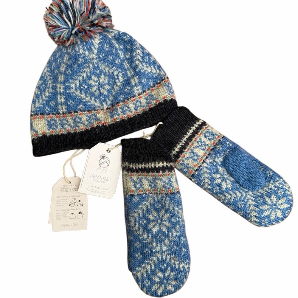 Free People French Knot Nordic Wool Hat Mittens Set blue brrr OS NWT